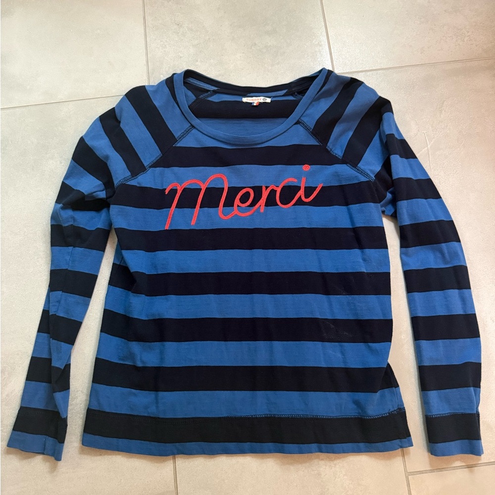 Sundry Striped 'Merci' Long Sleeve Tee - Blue & Navy with Red Script